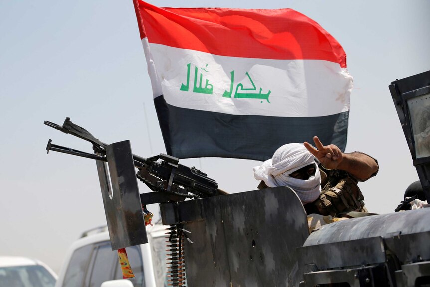 Member of Iraqi security forces gestures near Fallujah