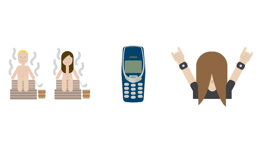 Finland's new emojis including a couple in a sauna, an old Nokia mobile phone and a heavy metal music fan