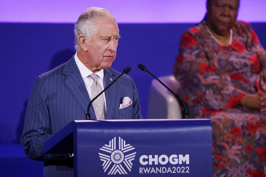 Then-Prince Charles at a podium speaking, with a woman in a colourful dress seated behind him, to his left.