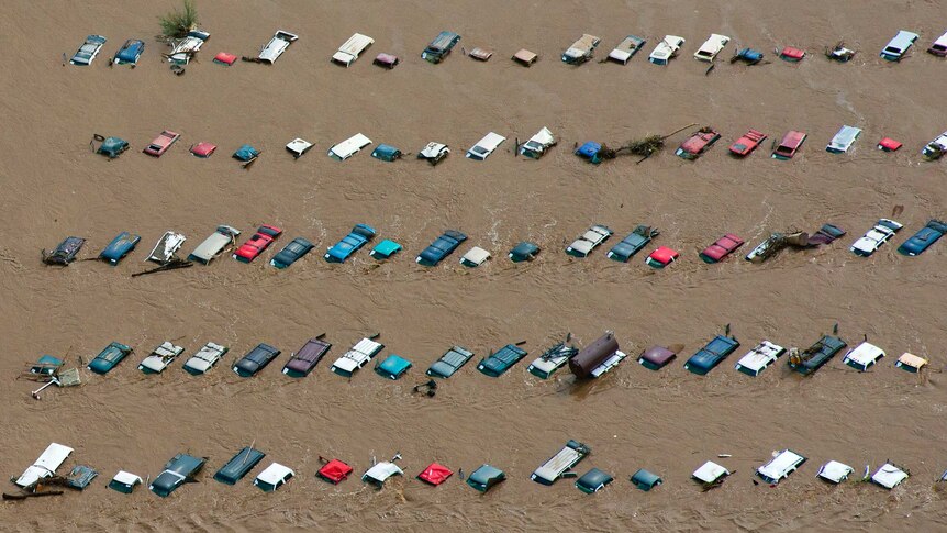 Aerial view of the Colorado flood damage, submerged cars