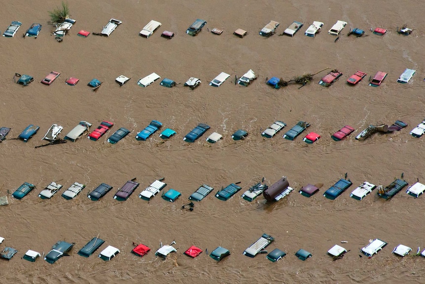 Aerial view of the Colorado flood damage, submerged cars