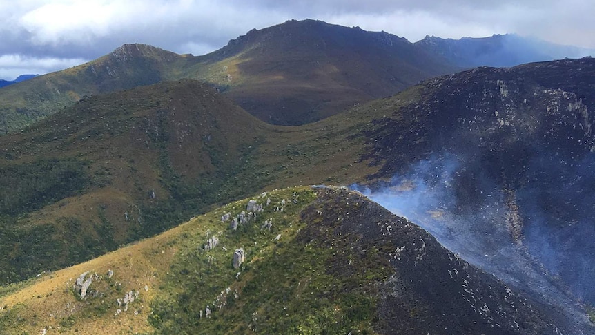 Aerial vision of burnt out land near Gell River, south west Tasmania.