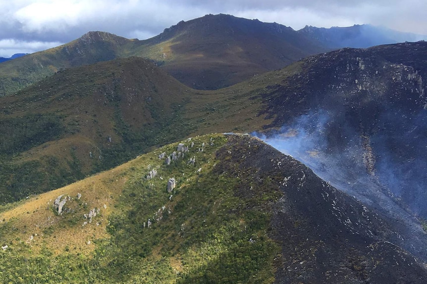 Aerial vision of burnt out land near Gell River, south west Tasmania.