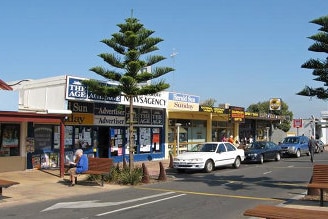 Two pine trees outside a newsagents and other shops in a small town's main street.