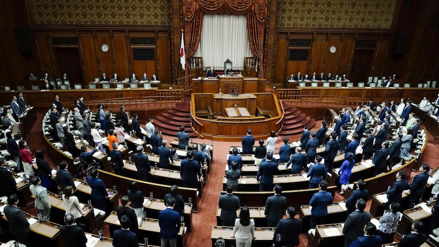 Dozens of parliamentarians stand behind desks which are arranged in a semi-circle looking toward a podium and stage