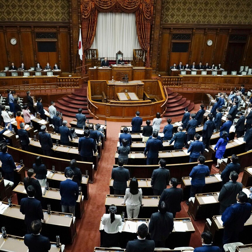 Dozens of parliamentarians stand behind desks which are arranged in a semi-circle looking toward a podium and stage