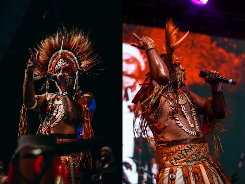 Two images of the same man dressed in traditional PNG costume stands on stage holding a mic rapping.