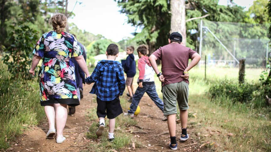 Bullarto Primary School acting principal and school teacher Jo Pegg out on a morning walk with her students.