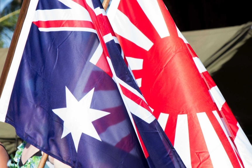 The Australian flag and the Japanese rising sun flag