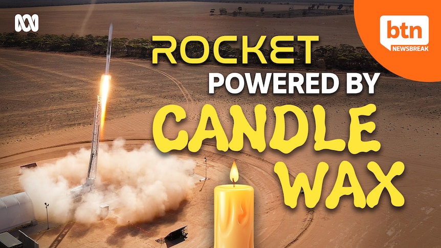 A lit candle and in the background a rocket blasting off from a remote, outback location.