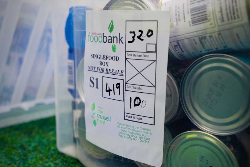 A food bank box containing tinned food.