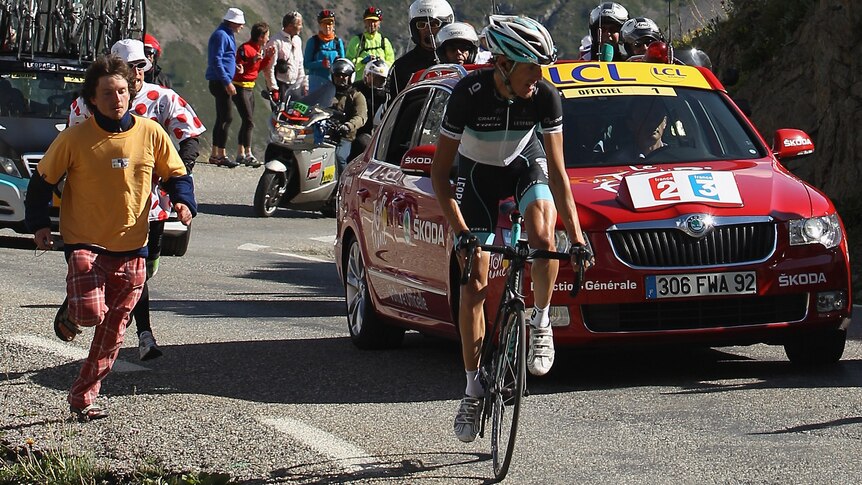 Andy Schleck launches a one-man assault on the final climb of stage 18 of the Tour de France.