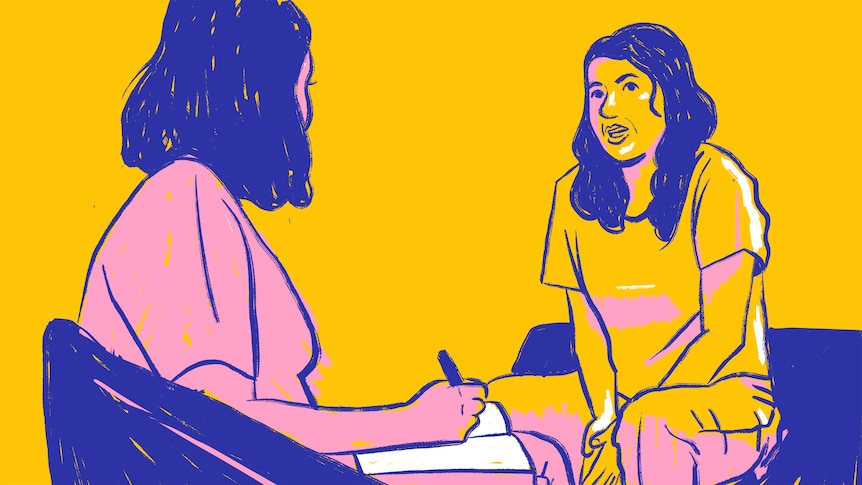An illustration of a young woman chatting to a psychologist who is taking notes.