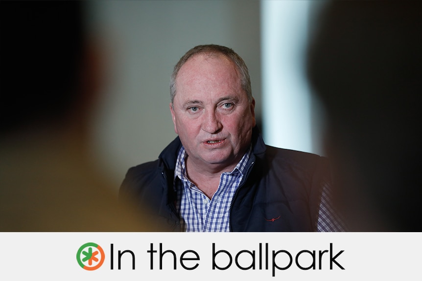 Barnaby Joyce wears a blue check shirt and talks in between two sillouhetted figures. Verdict: IN THE BALLPARK