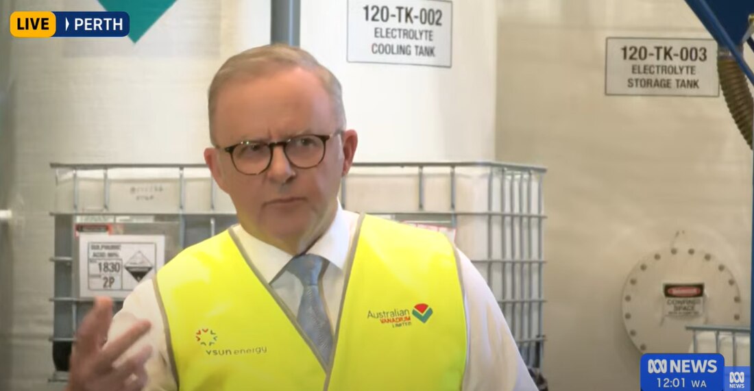 Anthony Albanese speaking to media at Australian Vanadium in Perth