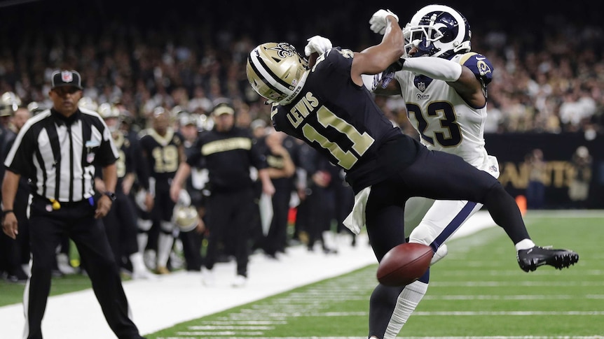 New Orleans Saints WR Tommylee Lewis misses a reception against LA Rams' Nickell Robey-Coleman