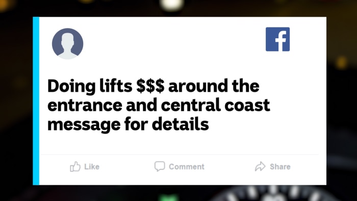 A facebook post which says "Doing $$$ around The Entrance and Central Coast message for details"