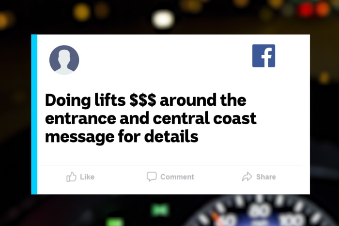 A facebook post which says "Doing $$$ around The Entrance and Central Coast message for details"