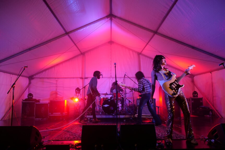 an eccentric band performs on a stage lit up with pink lighting