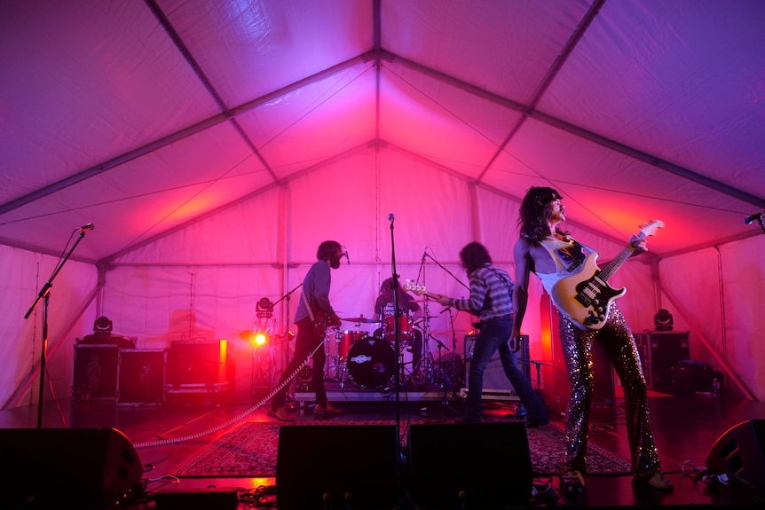 an eccentric band performs on a stage lit up with pink lighting