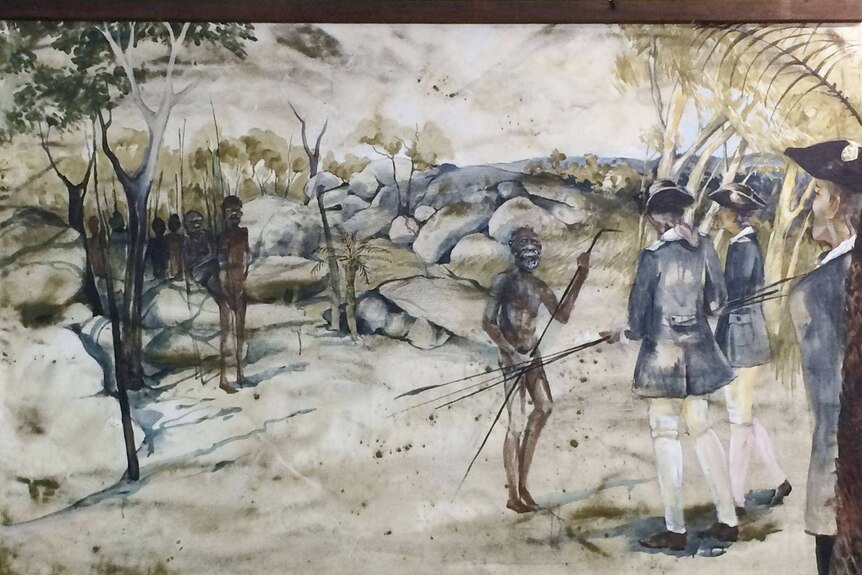 A painting of Englishmen meeting with Australian Aboriginal people