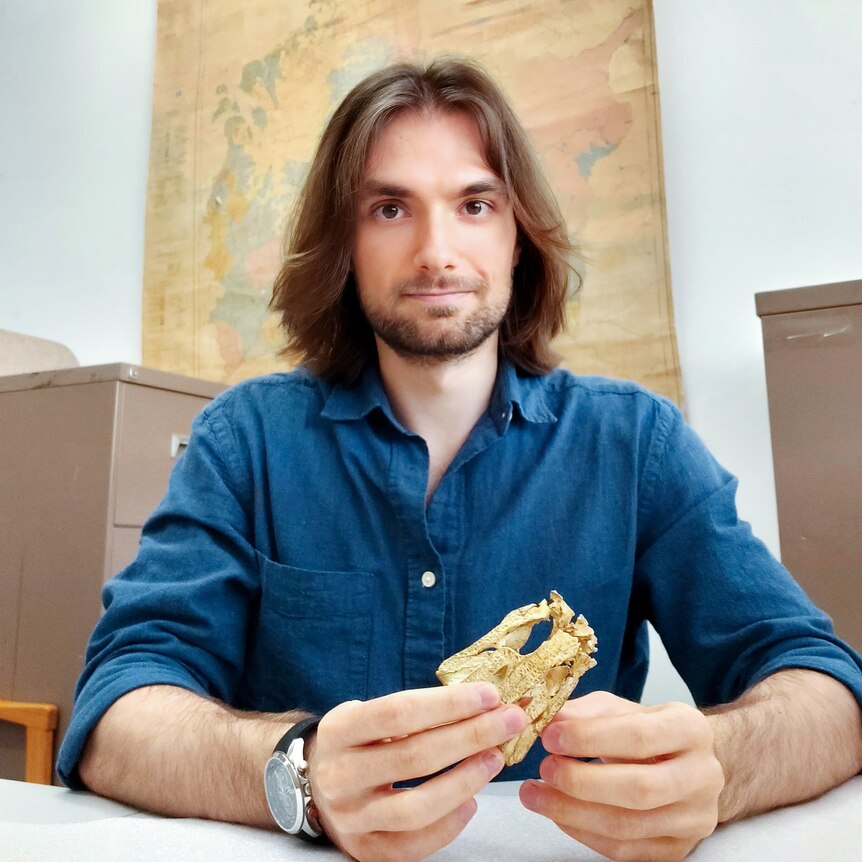 A young man, wearing a blue shirt, holds a fossilised prehistoric crocodile skull.