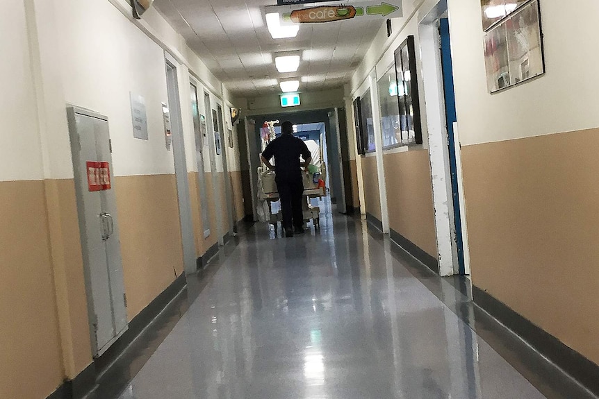 Patient being wheeled down a corridor at Royal Hobart Hospital.