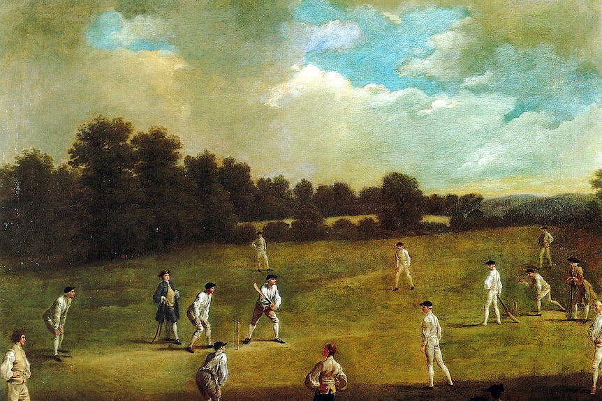 A water colour painting showing men dressed in old-timey white cricket gear playing cricket.