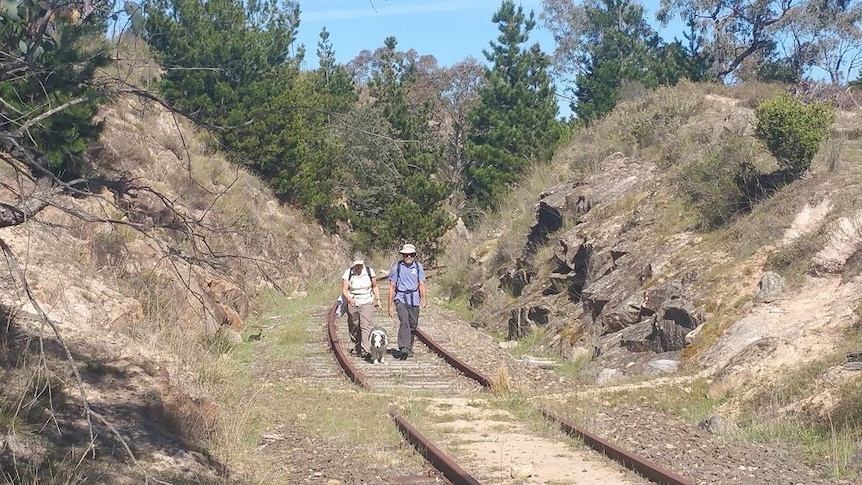 People walk along an old railway line.