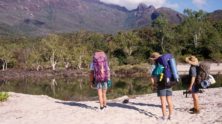 Campers look up at a mountain on the Thorsborne Trail on Hinchinbrook Island.