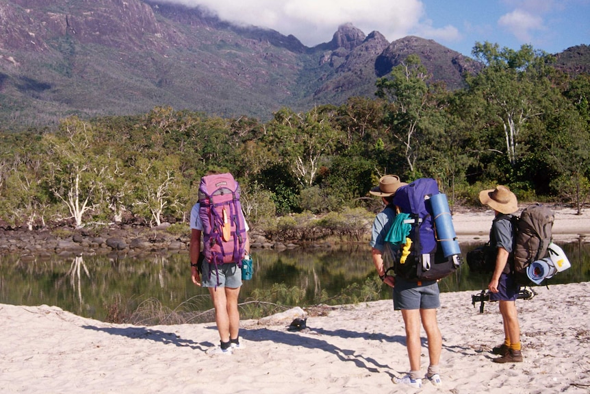 Campers look up at a mountain on the Thorsborne Trail on Hinchinbrook Island.