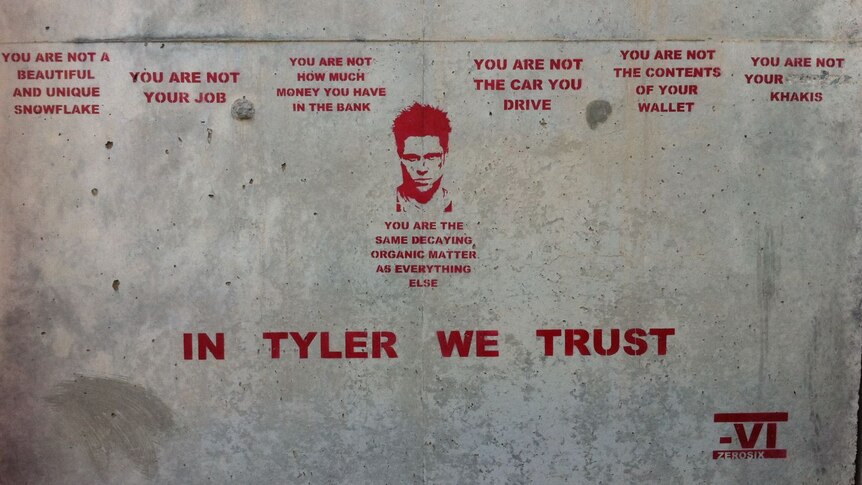 Graffiti art by 'ZeroSix' at Kandahar airfield in Afghanistan references the film Fight Club.