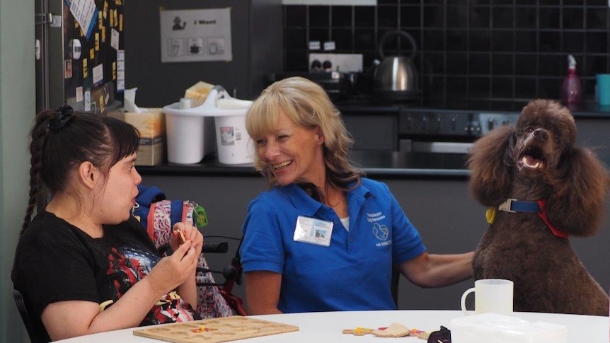 Jody and a client share a cuppa with one of her therapy dogs.