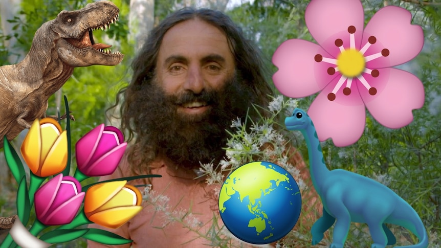 Costa Georgiadis surrounded by dinosaur, flower and planet emoji