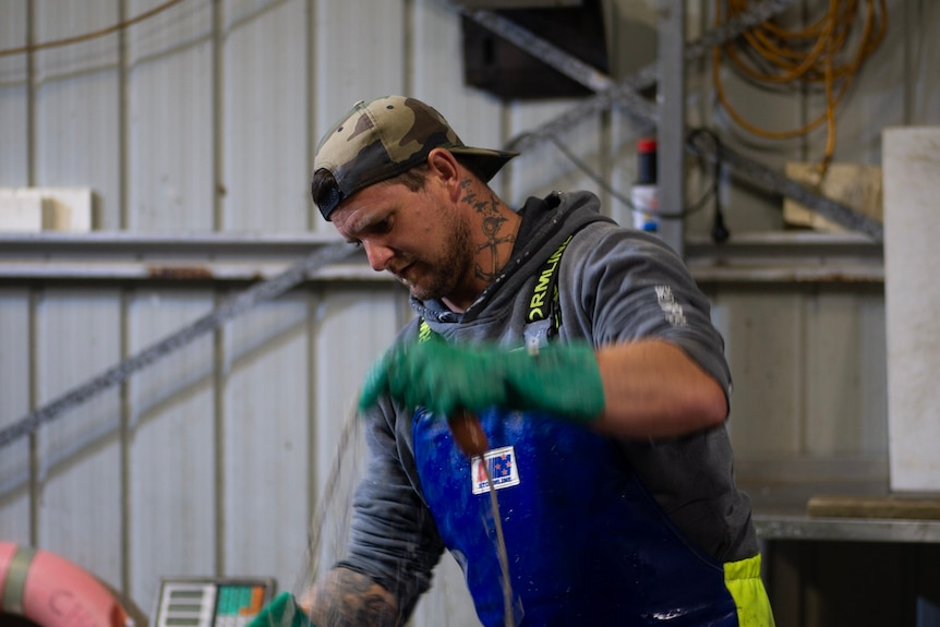 a man in a backwards cap and blue overalls pulls a thin net in a shed.