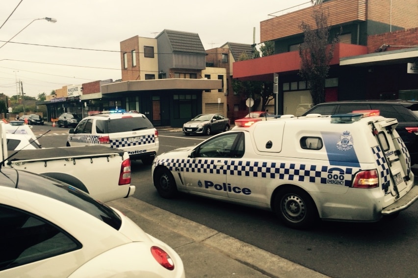 Police vehicles after arresting a 44yo Bentleigh man