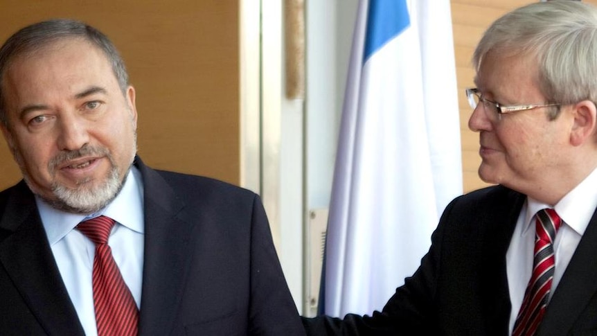 LtoR Israeli Foreign Minister Avigdor Liberman meets with Kevin Rudd in Jerusalem