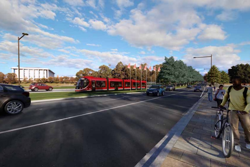 A tram on Commonwealth Avenue in Canberra.