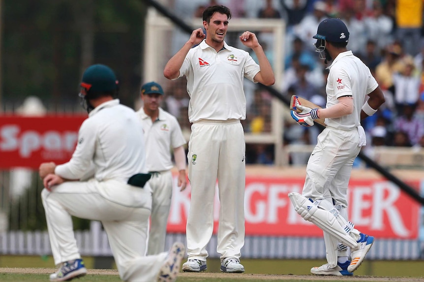 Pat Cummins looks at KL Rahul