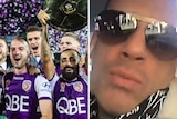 Perth Glory players celebrate holding up the A-League trophy next to a headshot of a man in reflective sunglasses.