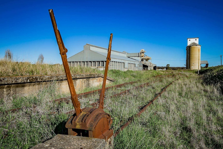 A photo of an overgrown railway line with silos in the background