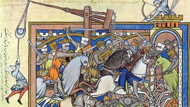 A painting of a medieval battle with trebuchet