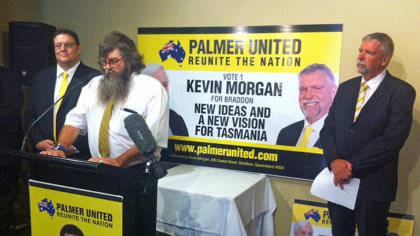 Palmer United Party candidate Mark Grewar introduces himself during the launch of the Lyons ticket.