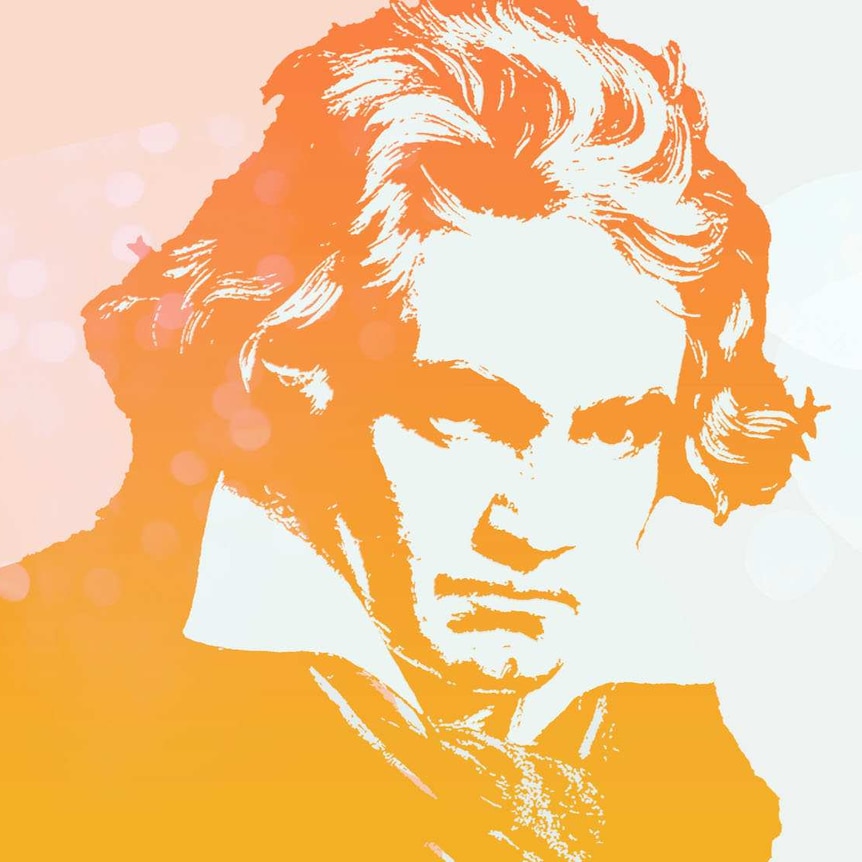 An outline of Beethoven's head in orange, with the text "Beethoven 250" next to it.