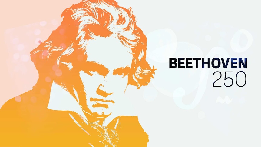 An outline of Beethoven's head in orange, with the text "Beethoven 250" next to it.
