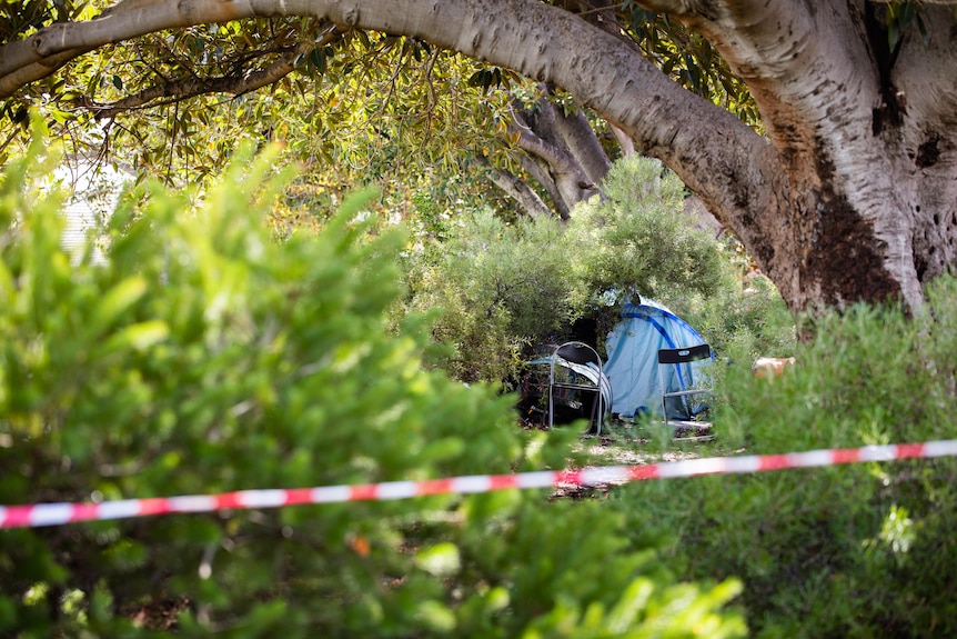 A tent hidden among trees and bushes, with red and white caution tape running through the front of frame.