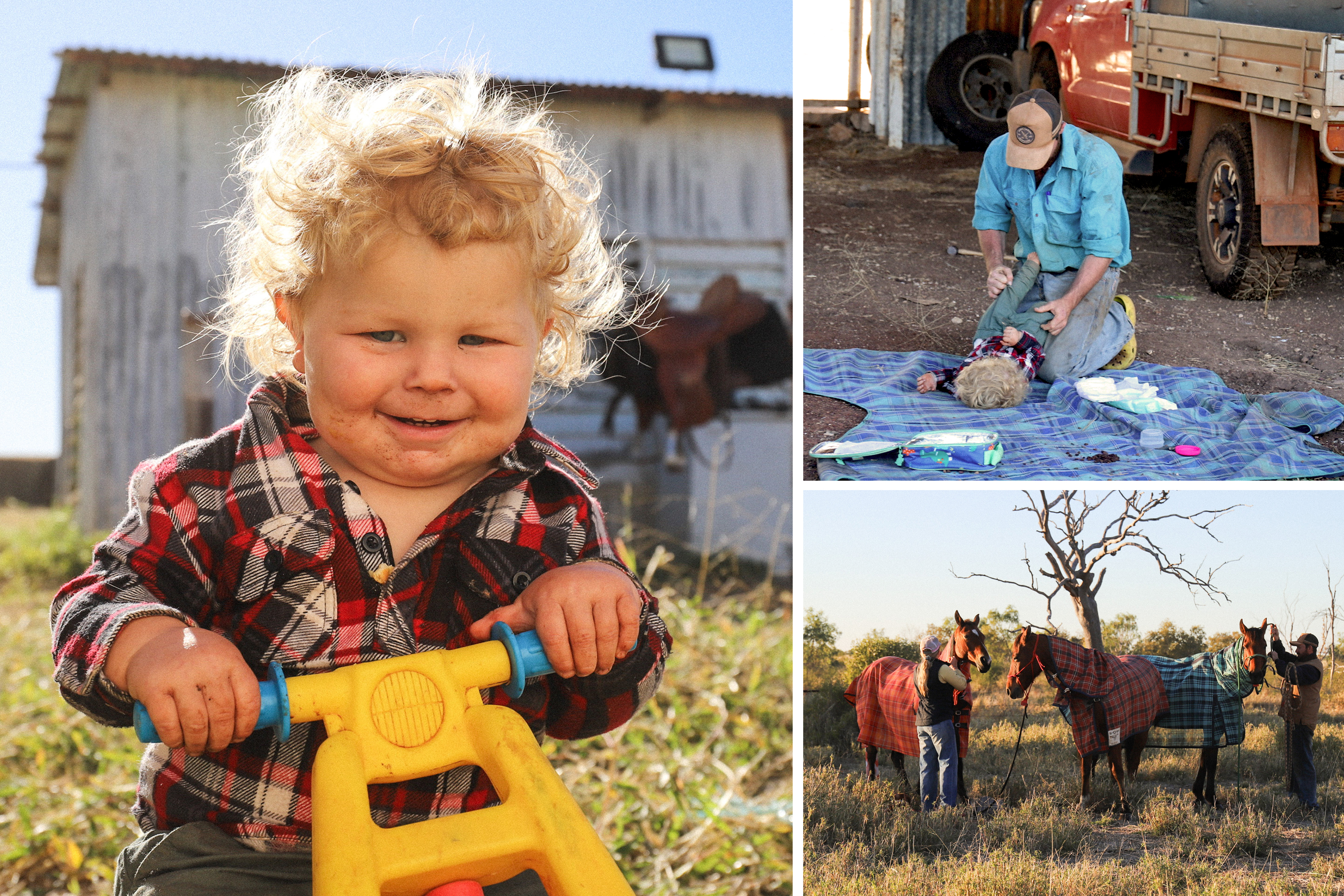 A happy toddler riding a trike, a man changing a nappy in front of a truck, people putting blankets on horses at sunset.