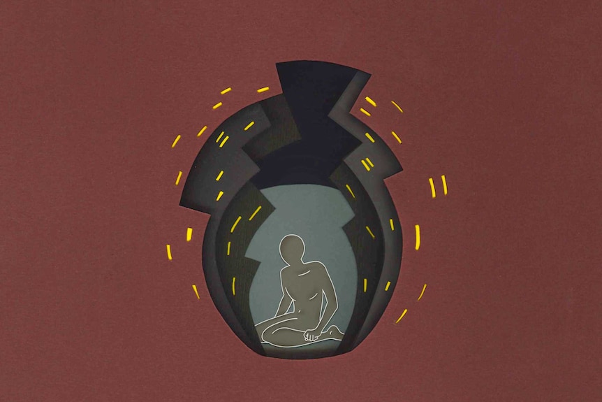 An illustration of a naked figure crouching inside a circular shape representing a city