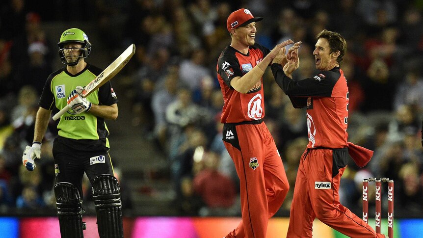 Renegades team members high five during a Big Bash League T20 match against the Sydney Thunder.