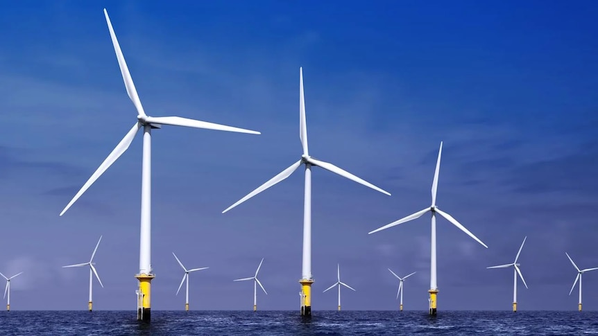 Wind turbines at sea.